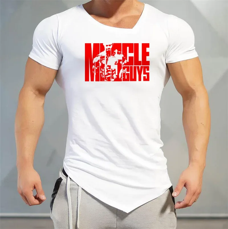 Muscleguys Brand Letters print Mens T-Shirts Fitness gyms Clothing Workout V neck TShirt Cotton Bodybuilding T Shirt Men