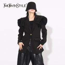 TWOTWINSTYLE Apliques de retalhos sólidos Blazer para mulheres gola entalhada manga comprida emendada bolso chic blazers moda feminina