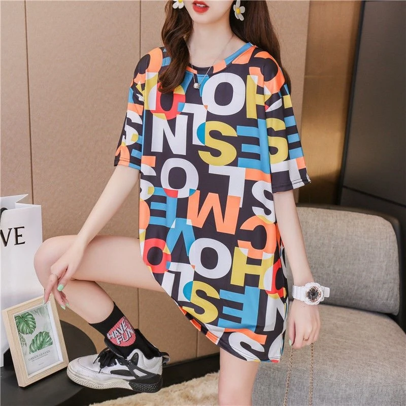 Summer 2026 Women's Mid-Length Short-Sleeve T-Shirt Loose Fit Student Printed Top Half Sleeve Ultra-Popular Casual Wear