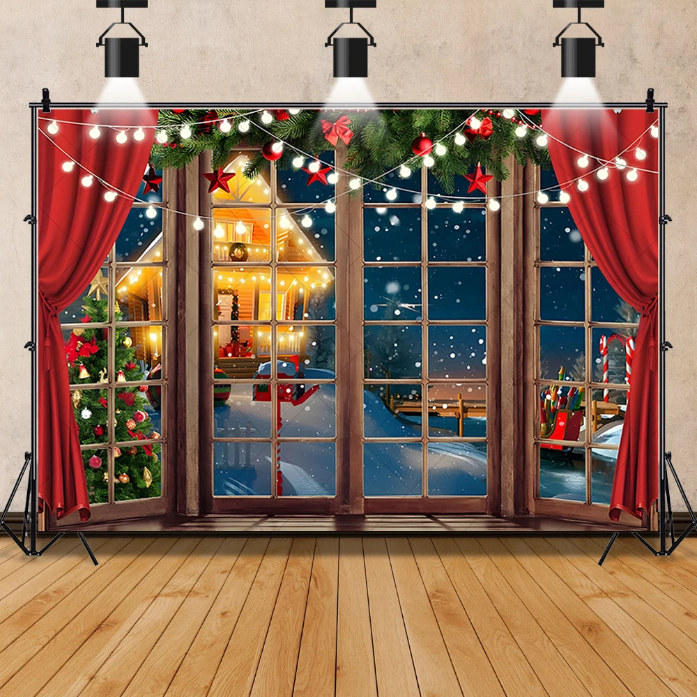 Merry Christmas Photography Backdrop Customized Winter Window Christmas Tree Party Decoration Baby Portrait Photo Studio Props