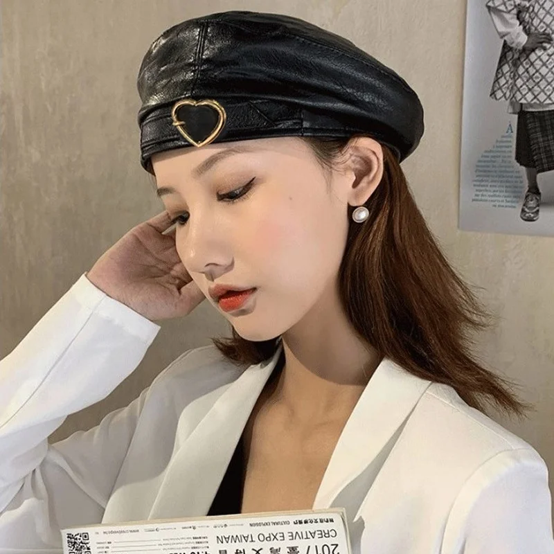 

Women Fashion Beret Girl PU Leather Women Beret Hat French Artist Warm Beanie Hat Female Ladies All-Match Adjustable Hat