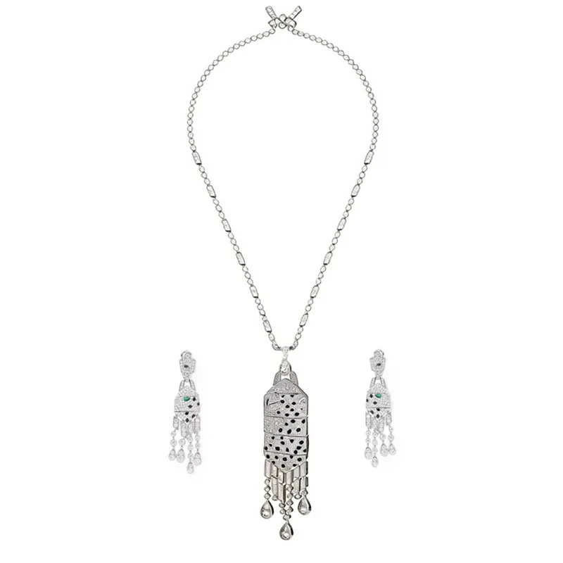Designer Collection Style Earrings Necklace Women Lady Inlay Full Cubic Zircon Black Patches Leopard Print Tassels Jewelry Sets