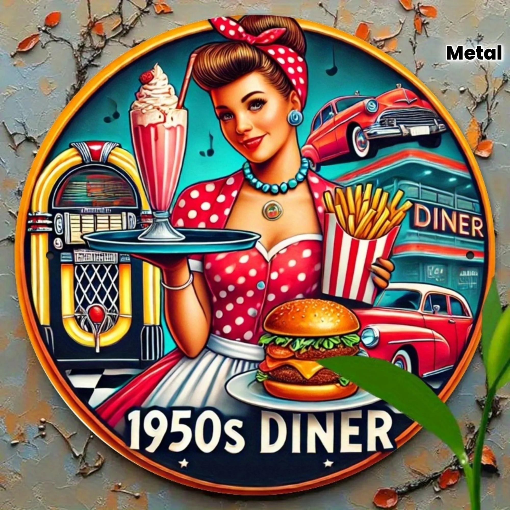 2D Flat, 1pc Vintage 1950s Diner Waitress Sign Round Metal Wall Decor - Nostalgic Restaurant Decoration, Aluminum Washable Reusa