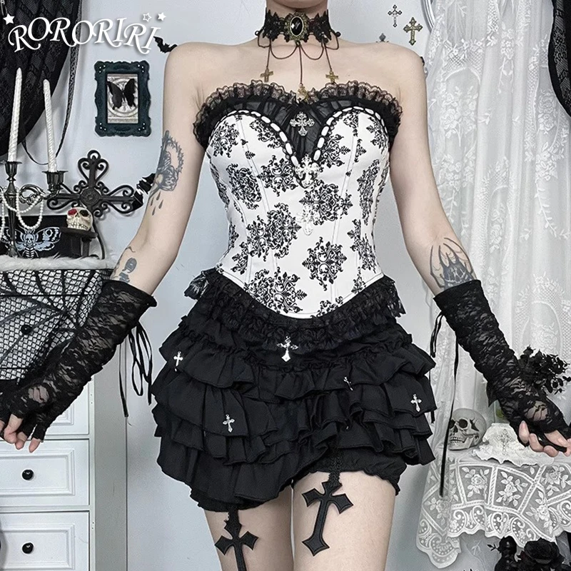 

RORORIRI готический корсет с перекрестной булавкой и принтом, женский кружевной топ с открытой спиной и гофрированной спиной, жилет без рукавов, сексуальная одежда в стиле ретро