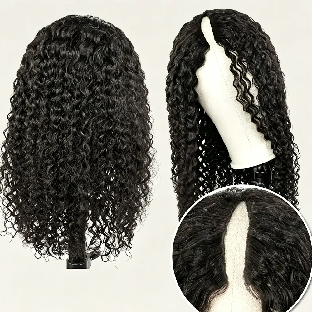 250% Density Jerry Curly V Part Wig Human Hair No Leave Out Upgrade Jerry Curly U Shape Clip In Wig 32 Inch Natural Color Wig