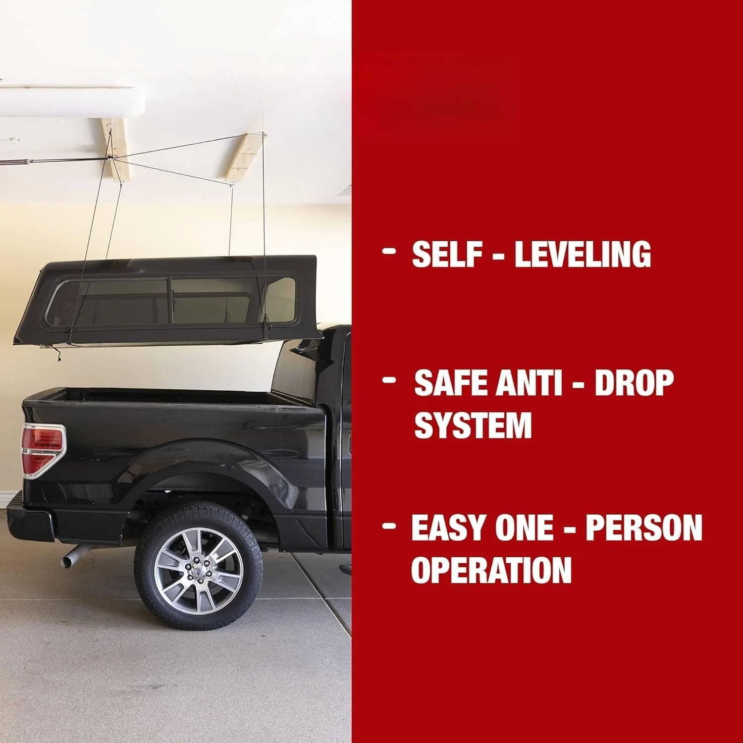 

Truck Cap Overhead Garage Storage Hoist,Self-Leveling, Safe Anti-Drop System,Easy One-Person Operation,Smart Garage Organization