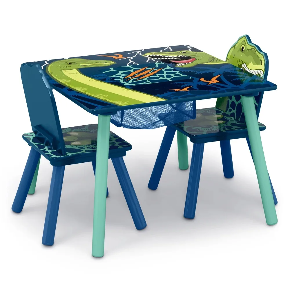 Mesa Dinossauro Infantil e Cadeira Conjunto com Armazenamento, Delta, Azul e Verde, 2 Cadeiras Incluídas