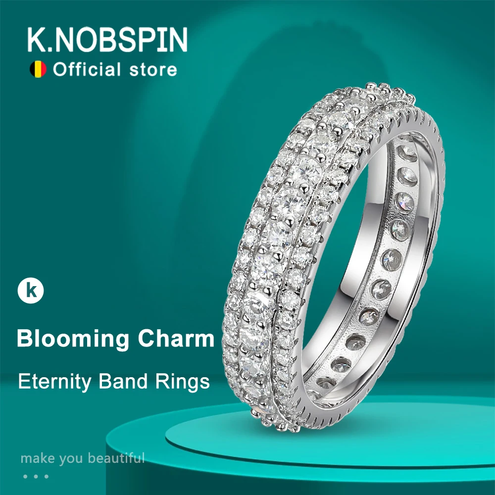 KNOBSPIN GRA Certified Moissanite Eternity Band Rings for Women s925 Sterling Silver Plated 18k White Gold Wedding Man‘s Rings