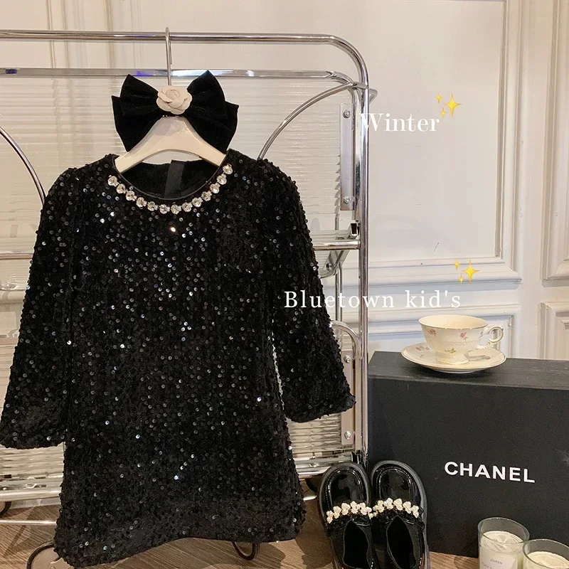 Girls\' Dress Winter New Foreign Style Girls Velvet Princess Dress Children\'s Fashionable Sequined Heavy Industry Dress