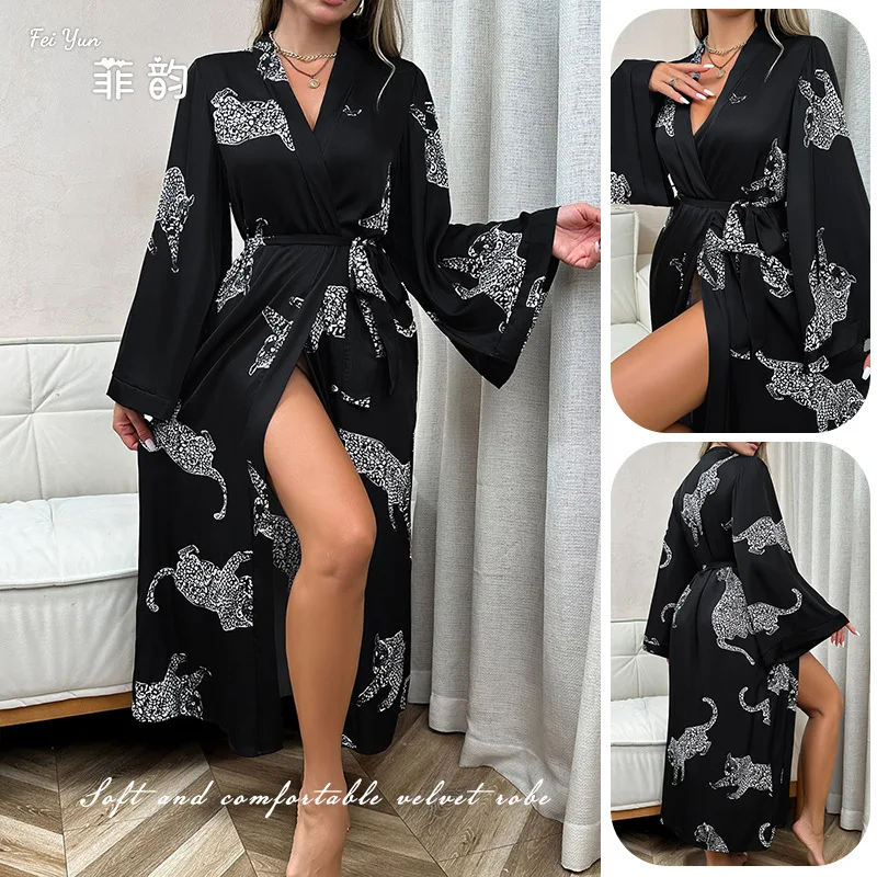 

Women's Long Satin Bath Robe Long Sleeved Lace Up Sexy Nightgown Robe Gown Sets Loungewear Women Set Sexy Sleepwear