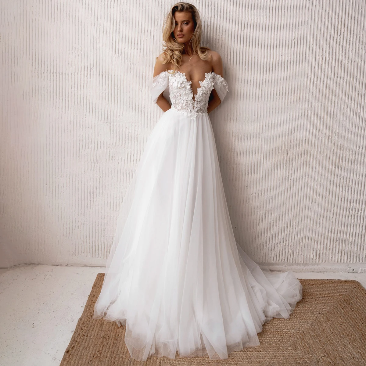 

Romantic Tulle Appliques Wedding Dresses For Bride Long Off Shoulder Bridal Gown For Women Vestidos novia Puffy Ball Gown