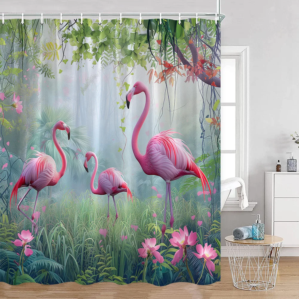 Tropical Jungle Flamingo Shower Curtains Animals Lake Lotus Flowers Palm Tree Plant Forest Scenery Fabric Bathroom Curtain Decor