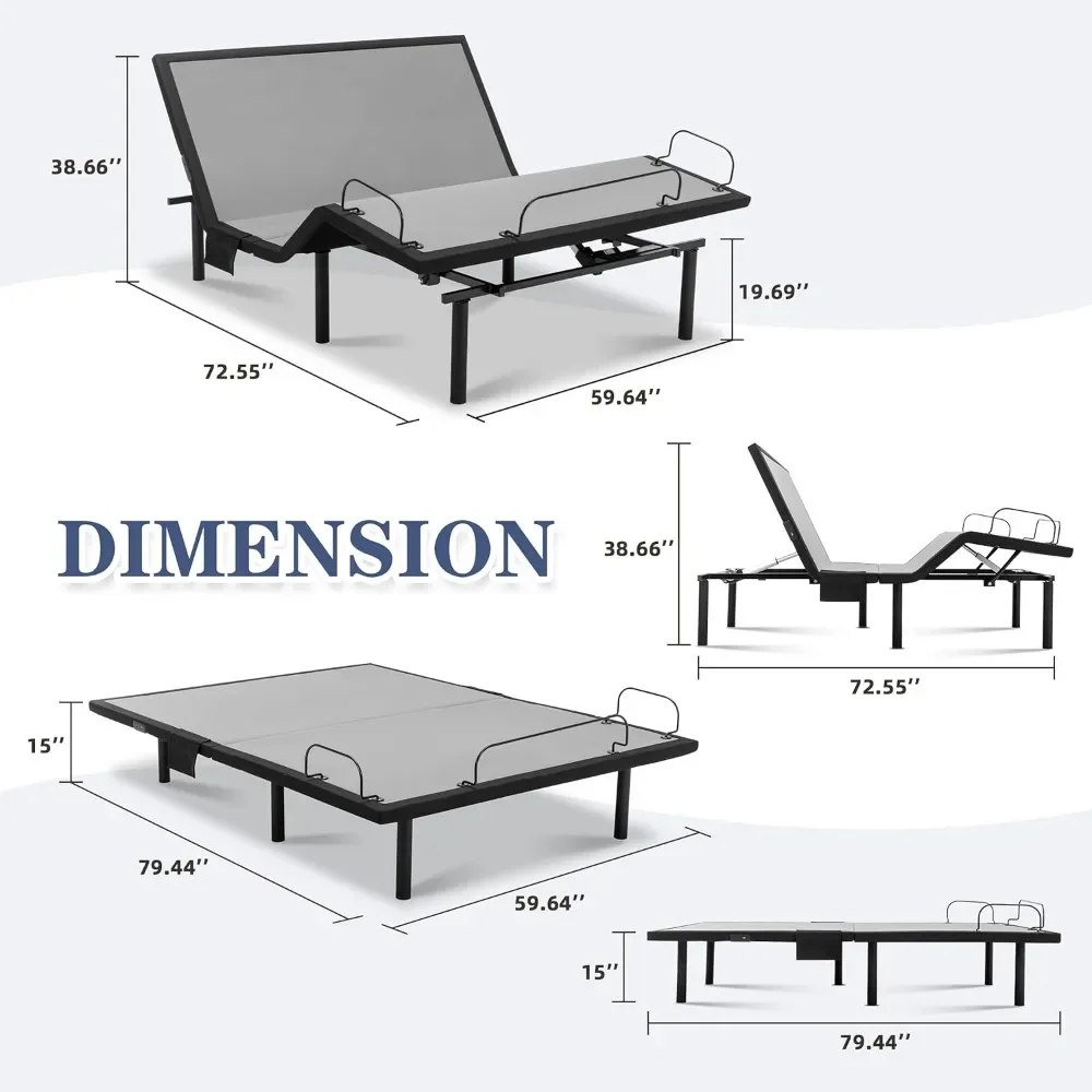 Adjustable Bed Frame Queen, with 4-Level Height Legs, with Quiet Premium Motor, Electric Bed with Wireless Remote