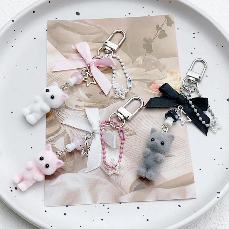 Cute Flocked Kitten Bow Beaded Keychain Mobile Phone Chain Earphone Camera Chain Bag Pendant Decoration Gift