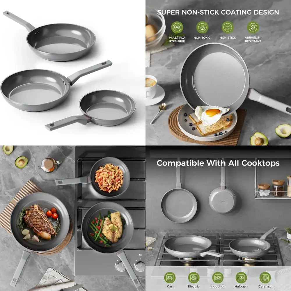 

Набор нетоксичных здоровых керамических сковородок из 3 предметов с антипригарными сковородами на 8, 10 и 12 дюймов, без PFAS, PTFE, PFOA, подходит для