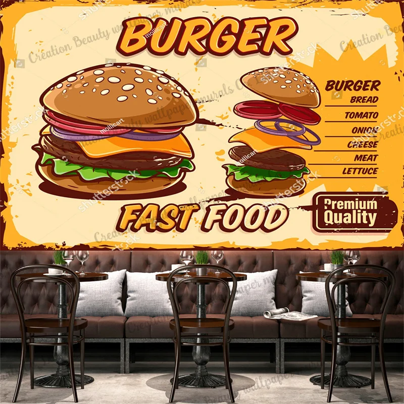 

Custom Hand-painted Burger Wallpaper Industrial Decorative Mural Fast Food Restaurant Snack Bar Background Wall Papel De Parede