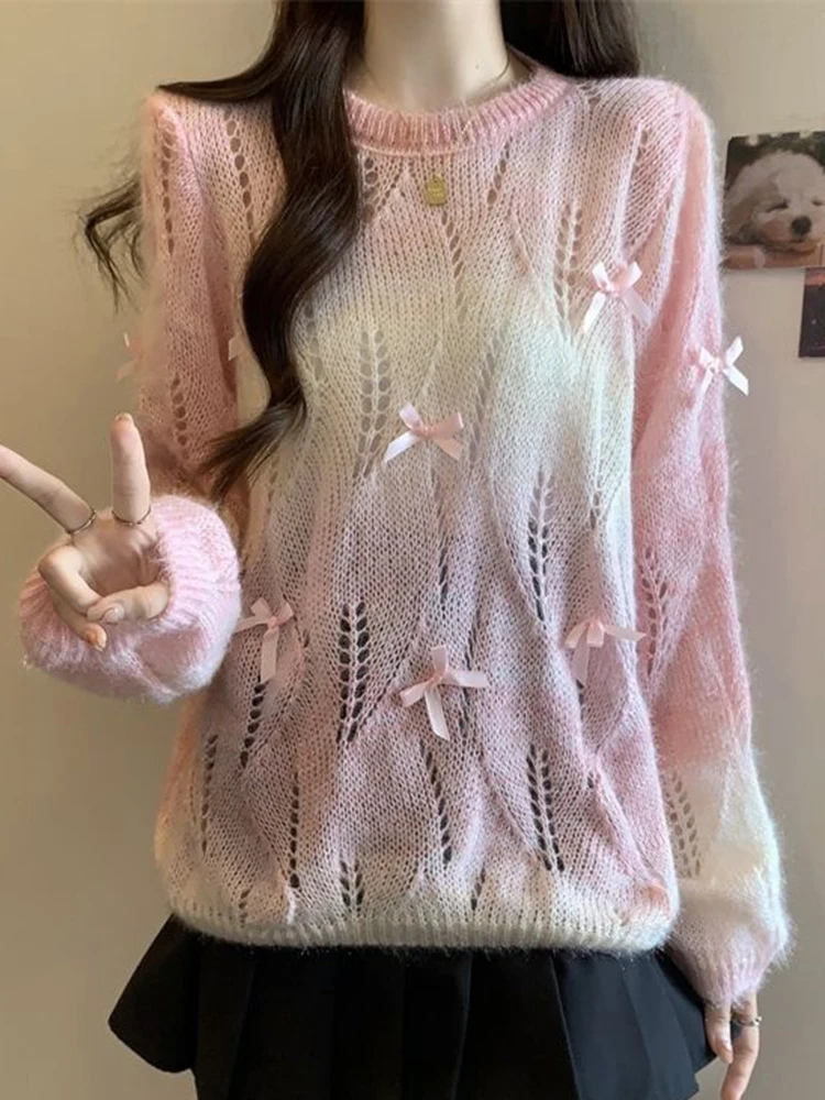 Korean Fashion Sweet Bow Hollow Out Sweaters Women Gradient Long Sleeve Knitted Pullover Preppy Style Loose Elegant Cute Jumpers