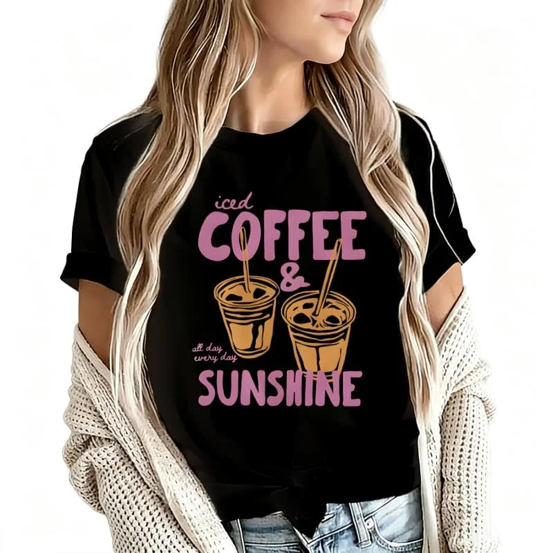 Iced Coffee and Sunshine Women's T-Shirt 100% Cotton Funny Graphic Short Sleeve Tee Novelty Shirt Casual Crew Neck Top S-5Xl