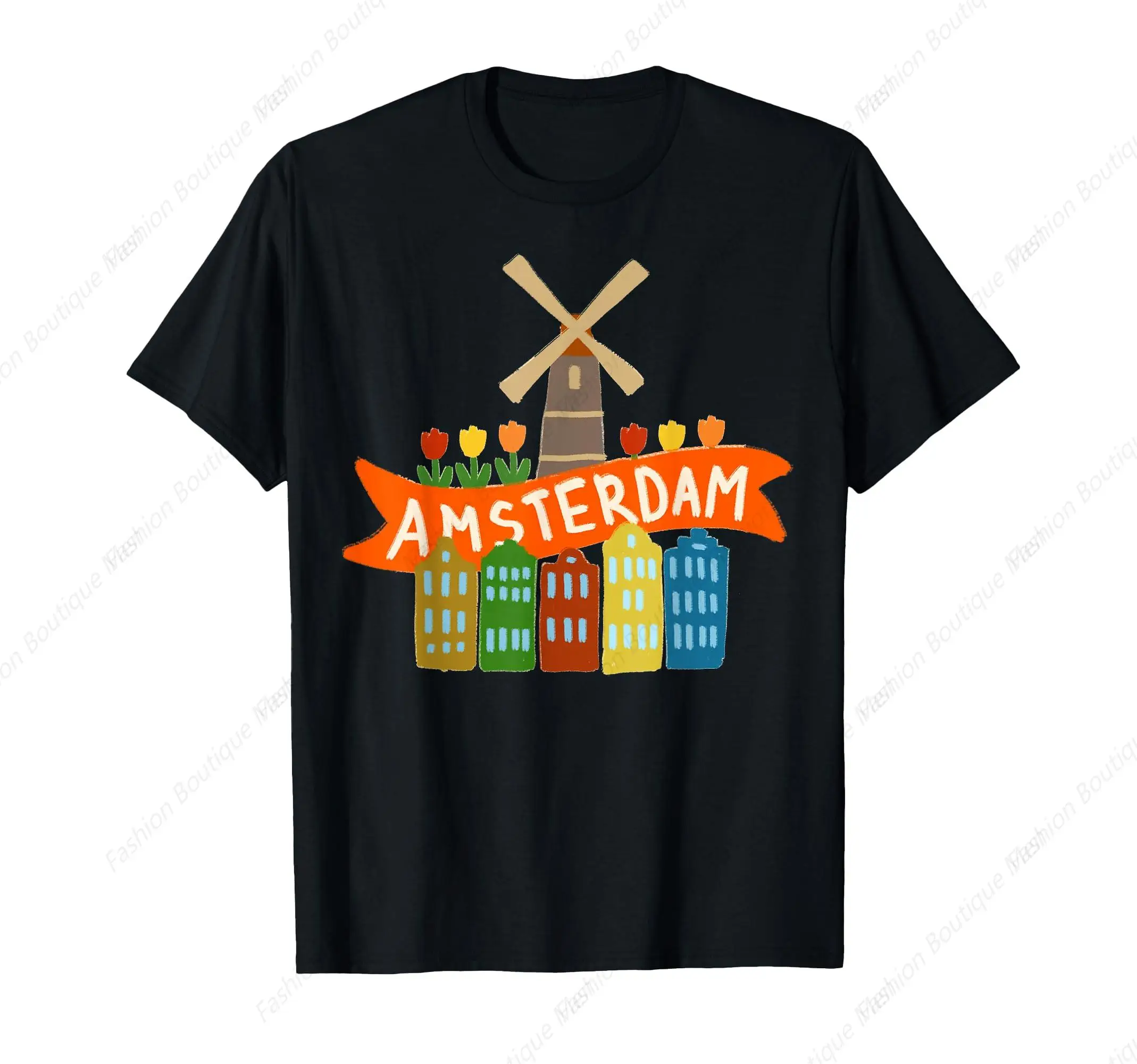 

Hot-Selling Amsterdam Windmill Tulips Houses Holland Netherlands T-Shirt Flower Lover Cotton Leisure O-Neck Top