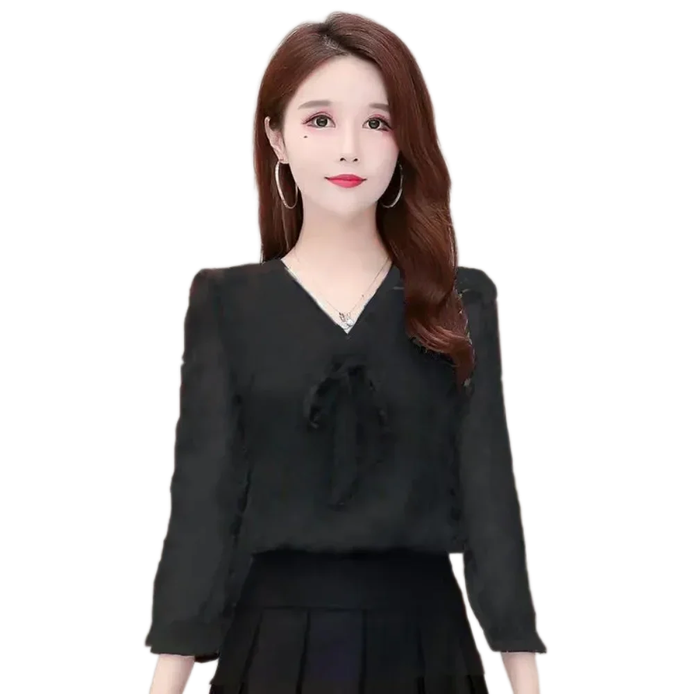 Women's V Neck 3/4 Sleeve Chiffon Blouse Tie Front Slim Fit Elegant Casual Top In Black