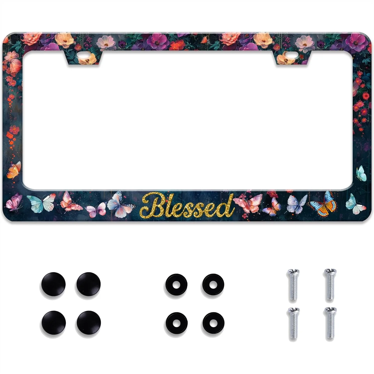 

Stainless Steel License Plate Frame with Blessed Butterfly Flower Design, 2 Holes, Fits US Standard Plates 12.2x6.3 in