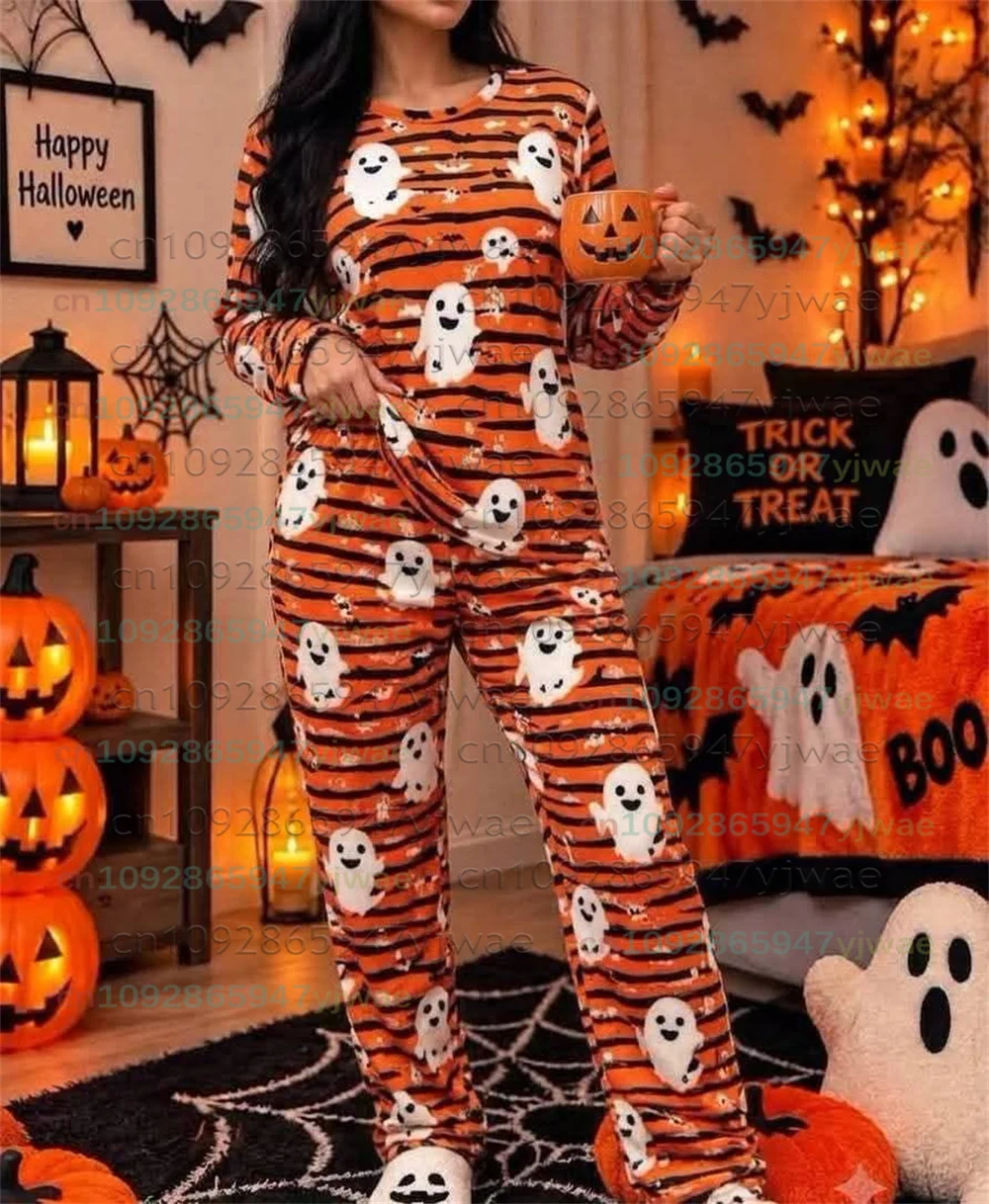 Halloween Pajama Set For Women Men Couples Sets Holiday Sleepwear Soft Warm Fabric Black Pumpkin Bat Spider Printed Loungewear