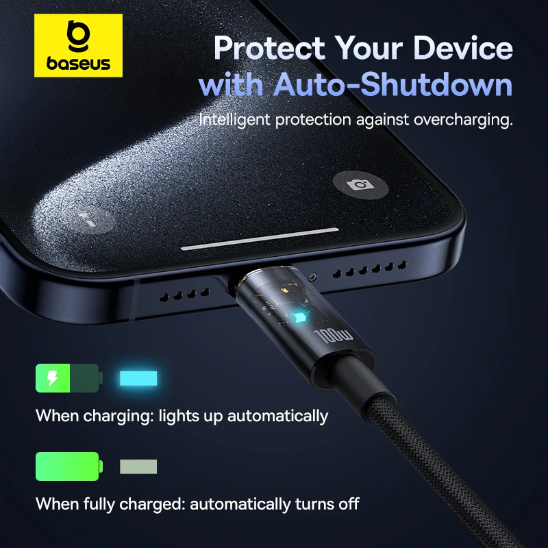 Kabel Baseus 100W Typ C do iPhone 15 16 Automatyczne Wyłączanie USB C PD Szybkie Ładowanie Przewód do Macbook Samsung Xiaomi Kabel USB C — zdjęcie produktu 2