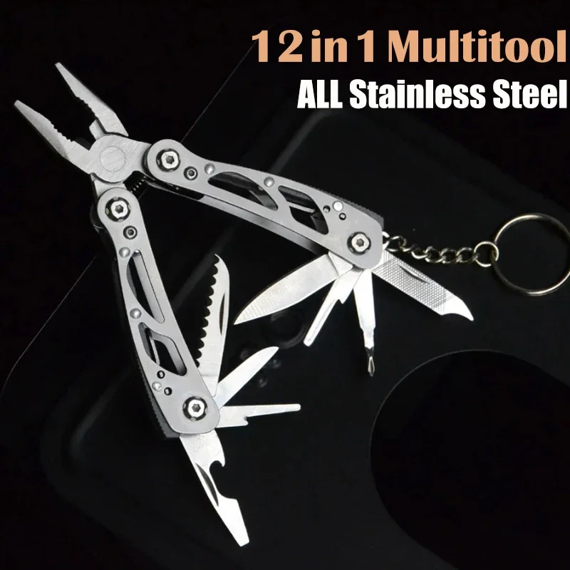 12 in 1 Multi-functional Pliers Small Tool Stainless Steel Folding Pliers Pocket Mini Outdoor Camping Pliers Multitool Keychain