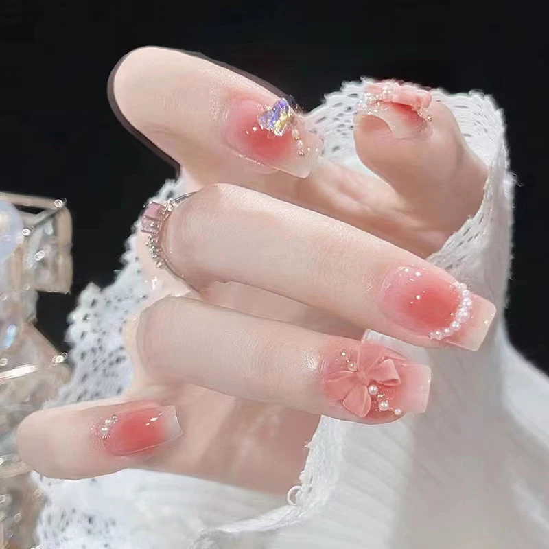 

Nail Patches Wearable Fake Nails Medium Long Styles Heart-shaped Diamond Art Nail Jelly Glue Shinying Wear Nail Tips