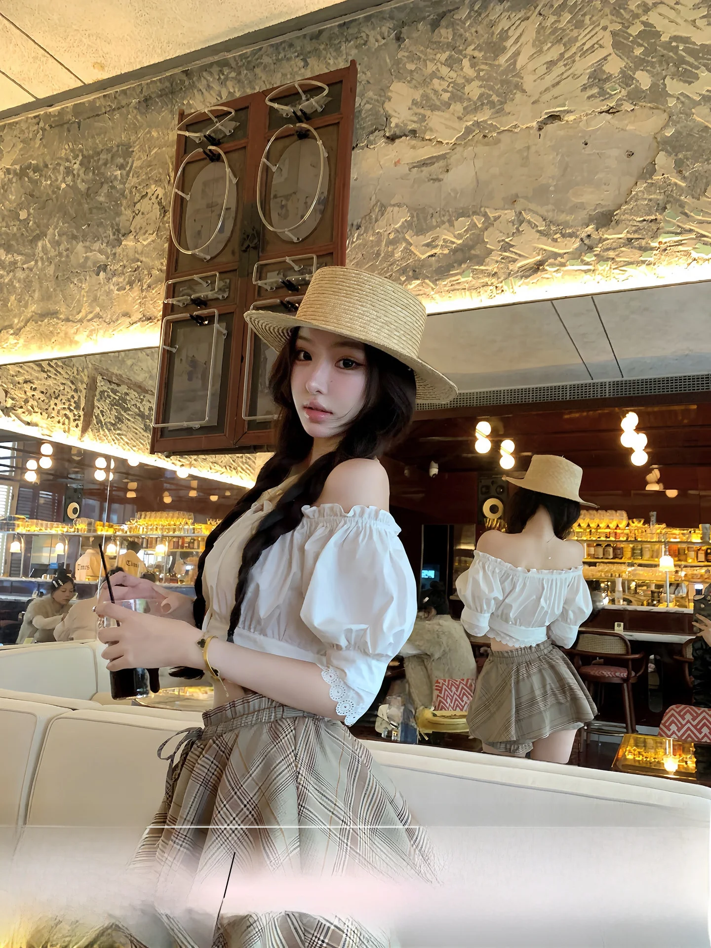 

Vintage Plaid Cake Short Skirt Women Summer Half-length Skirt Built-in Trousers Midi Skirt High Elasticity Polyester Fiber