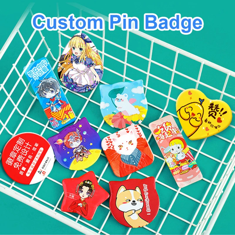 10pcs Custom Square Heart Badge Pins Photo Cute Cartoon Anime Customized Metal Lapel Personalised Button Tin Badges for Gifts