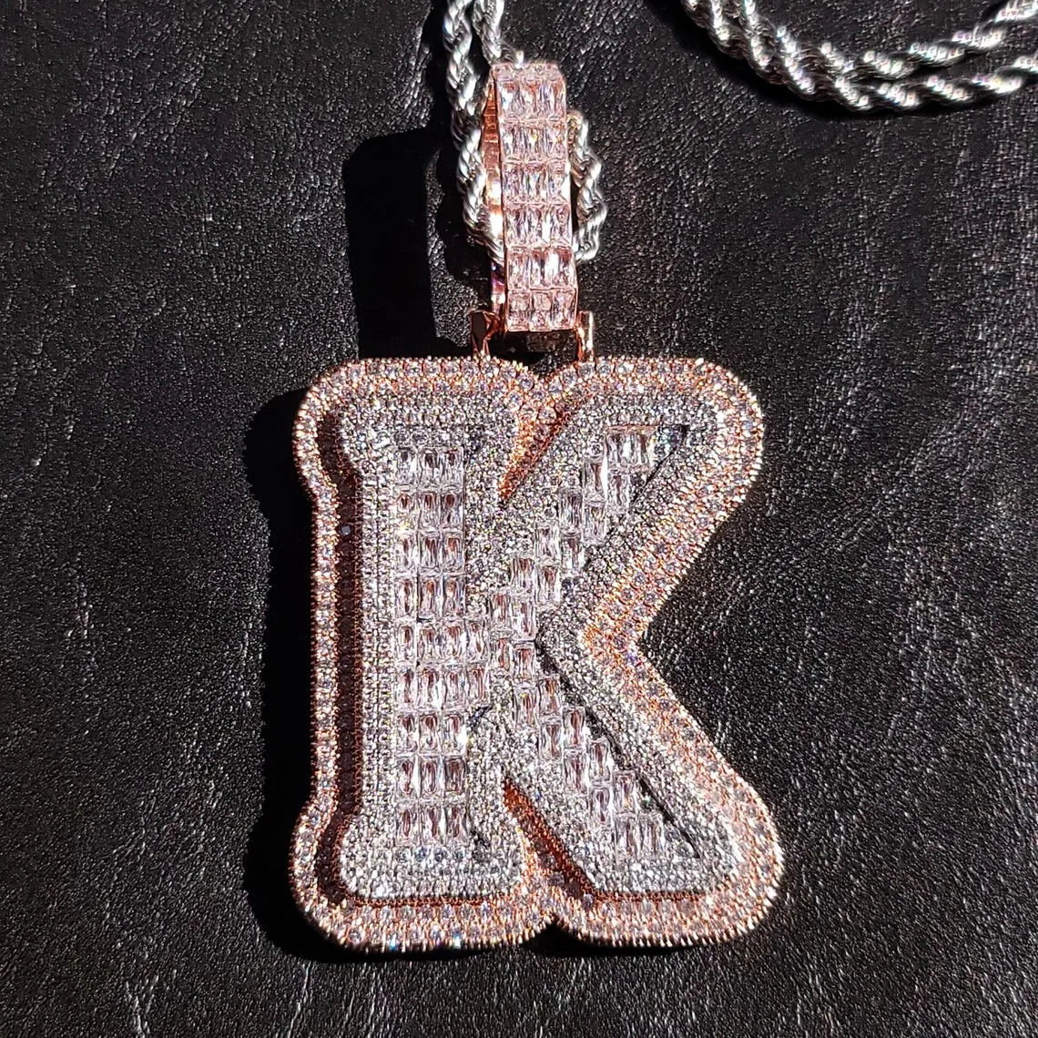 THE BLING KING Custom Big Baguettecz Initial Letter Name Pendant Necklace Micro Paved Out 5A Cubic Zirconia Chain Hiphop Jewelry