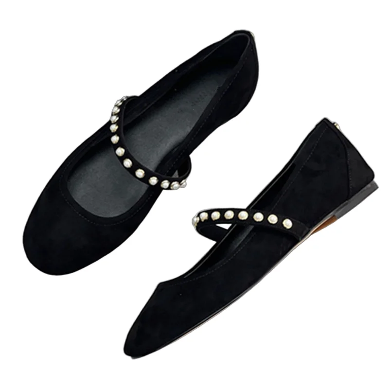 

Withered Minimalist Pearl Decoration Genuine Leather Mary Jane Shoes Retro Flat Shoes French Style Elegant Loafers For Women