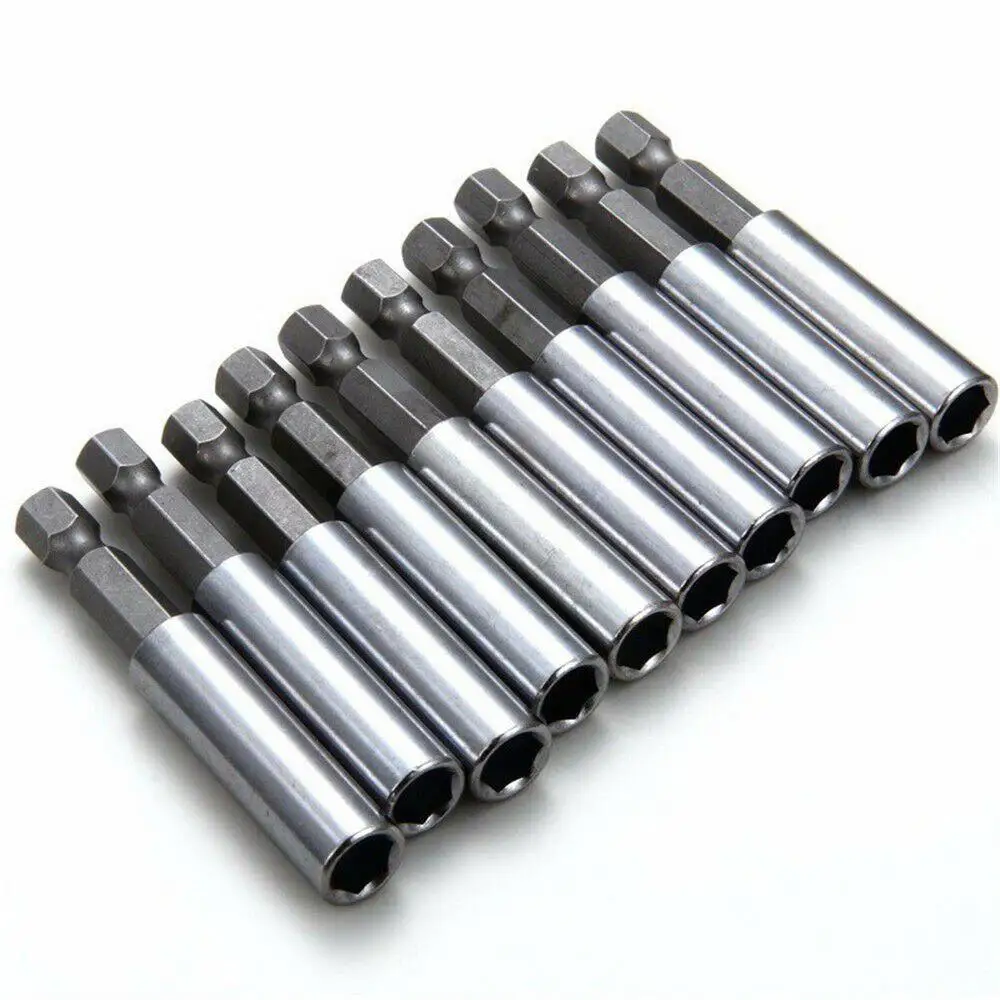 10pcs/set 60/75mm Magnetic Screwdriver Extension Bit Tips Holder 1/4in Hexagon Shank Set Drill Bit Adapter Silver Color