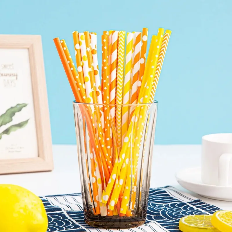 Disposable Degradable Paper Straws, Orange Series, Kraft Paper, Environmentally Friendly and Healthy, 25Pcs