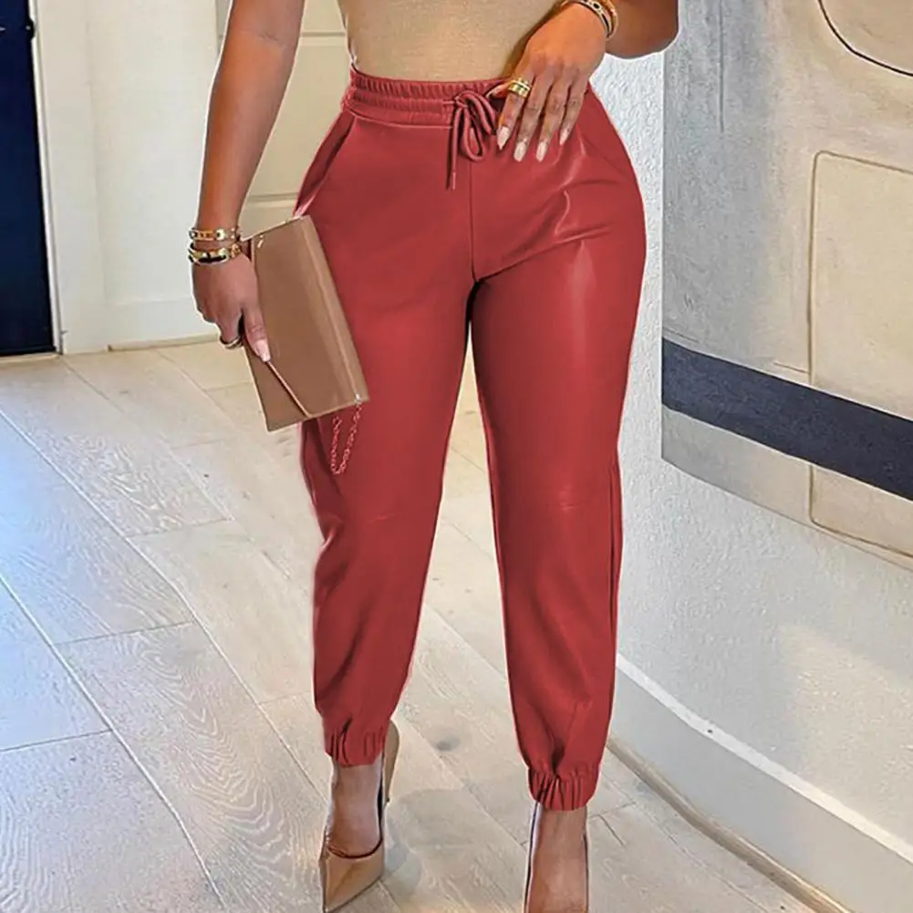 Pure Color Trousers Stylish Faux Leather Women's High Waist Tummy Control Pants Butt-lifted Stretchy Breathable Ankle-length