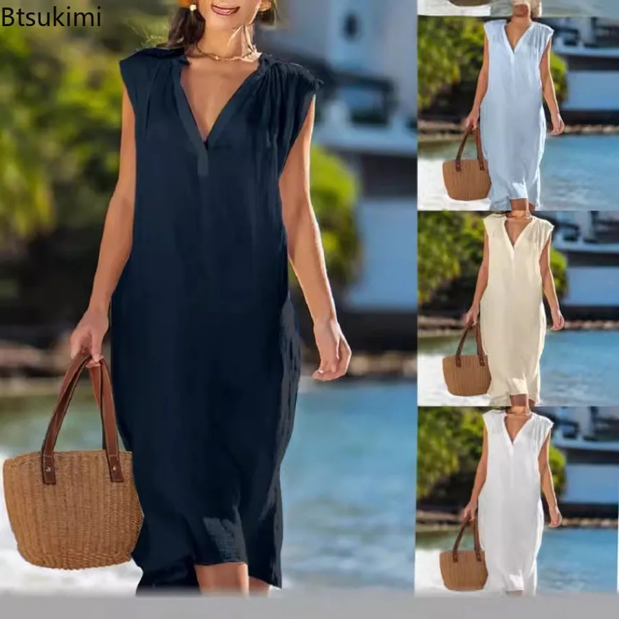 

2024 Women's Summer Solid Cotton Linen Loose Casual Dress Elegant Sleeveless V Neck Commuter Dress Ladies Vacation Beach Dresses