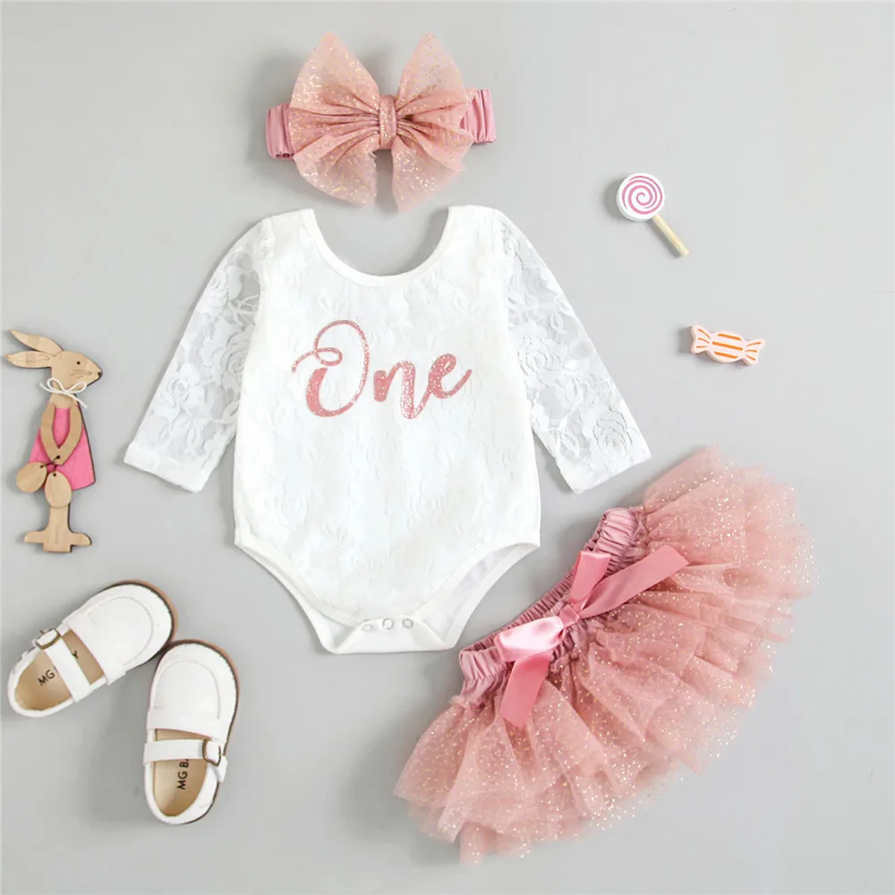 

Baby Girl Birthday Clothes Set White Lace Bodysuit Romper Pink Tulle Tutu Skirt Headband 6-30M Newborn Infant Party Outfits 2022