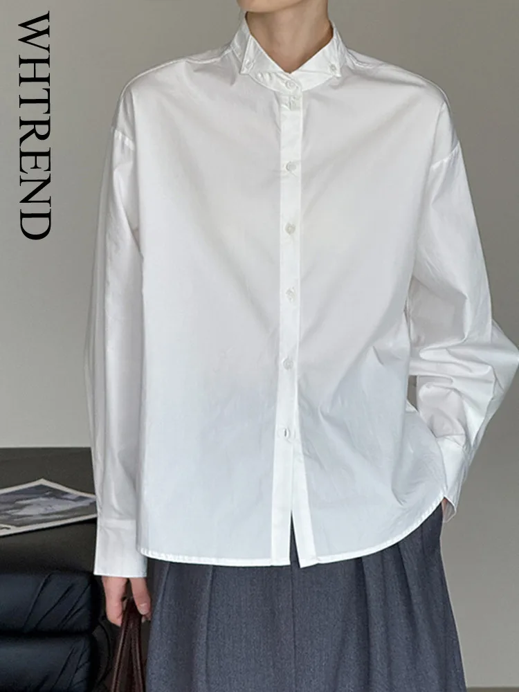 

WHTREND Ранняя осень, новая минималистичная свободная рубашка с воротником-стойкой и длинными рукавами, однобортный универсальный топ WH1449