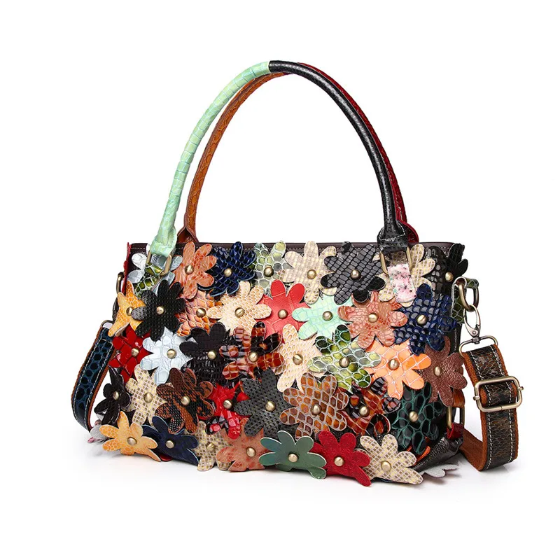 

A genuine leather bag with snake pattern flowers, colorful fashionable rivets, and a casual single-shoulder lady's handbag