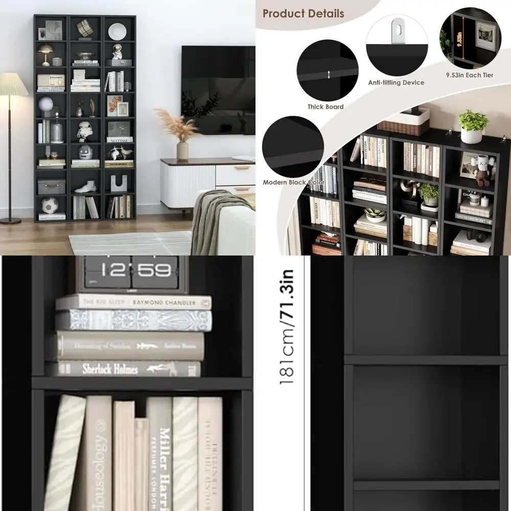 

8-Tier Slim CD/DVD Storage Rack, Adjustable Shelves, Tall Narrow Bookcase, Home Office Display Shelf, Black