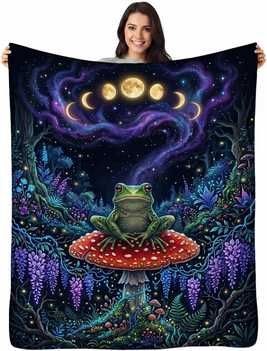 Moon Phase Frog Red Mushroom Forest Galaxy Print Flannel Throw Blanket Soft Warm For Sofa Bedroom Mystic Home Decor Gift