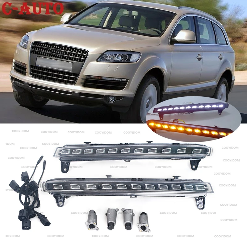 Left / Right 12V LED DRL Daytime Running Lights Daylight For Audi Q7 2006 2007 2008 2009 Fog light with yellow Turn Signal lamp