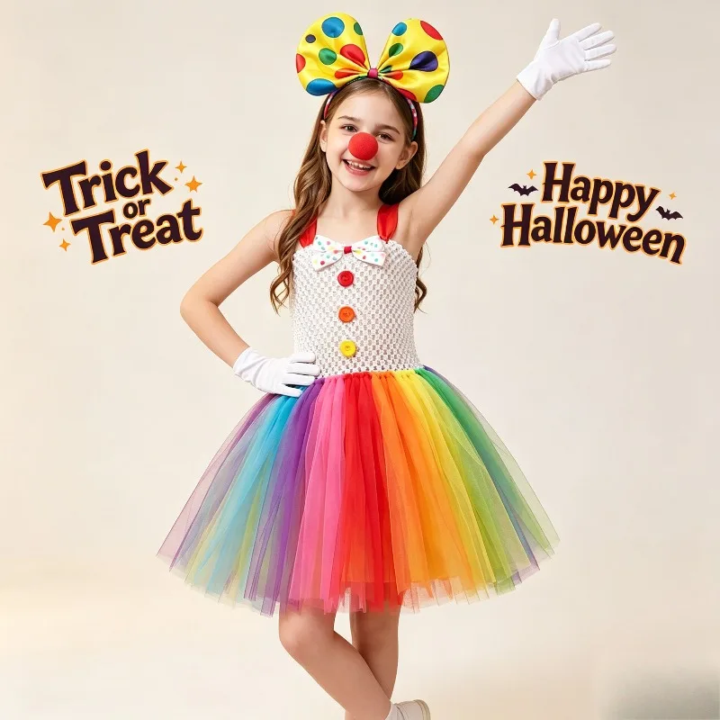 

Rainbow Clown Costume Tutu Dress Halloween Party Outfit Stage Performance Gown Cosplay Fancy Dress Carnival Robe Uniform S-2XL