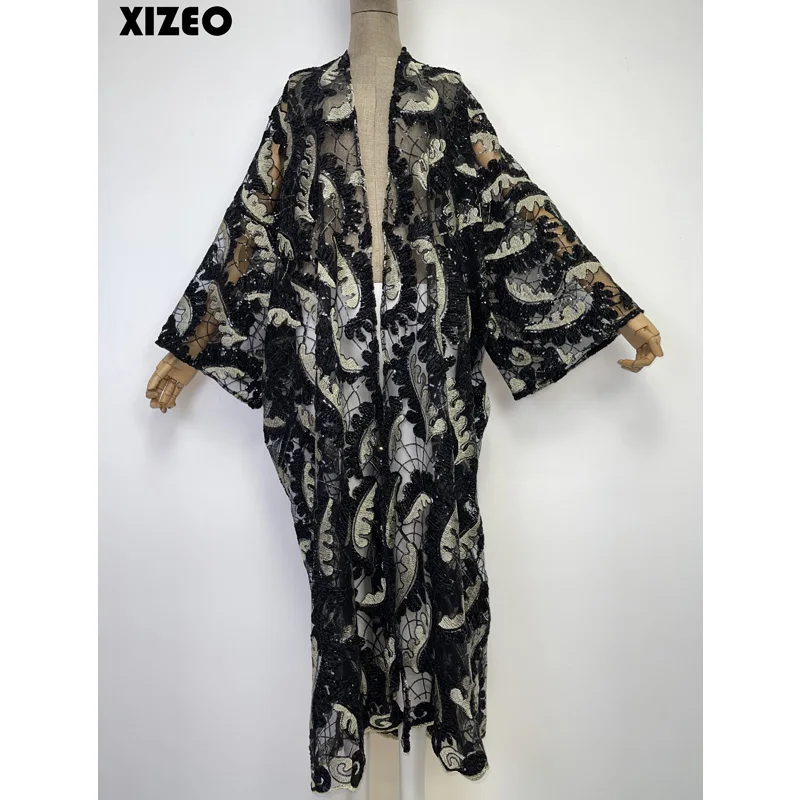 

XIZEO Summer Women Cardigan stitch fashion sexy Boho Holiday free size long Sleeve Silk feeling Robe elegant kimono kaftan