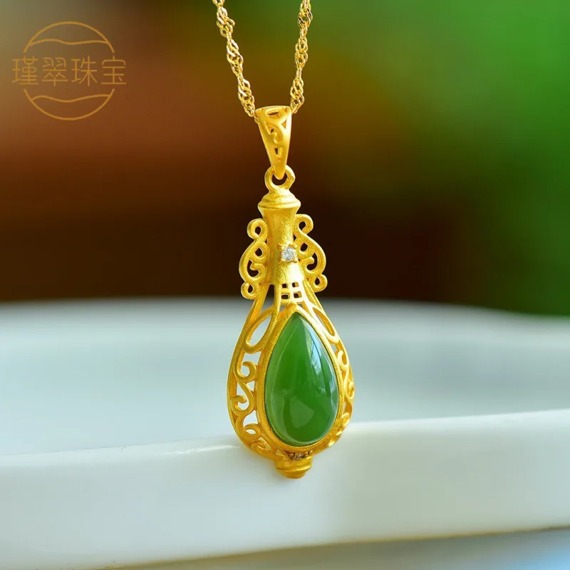 Traditional S925 Silver Inlaid Hetian Jade Vase Pendant, New Handmade Women'S Model