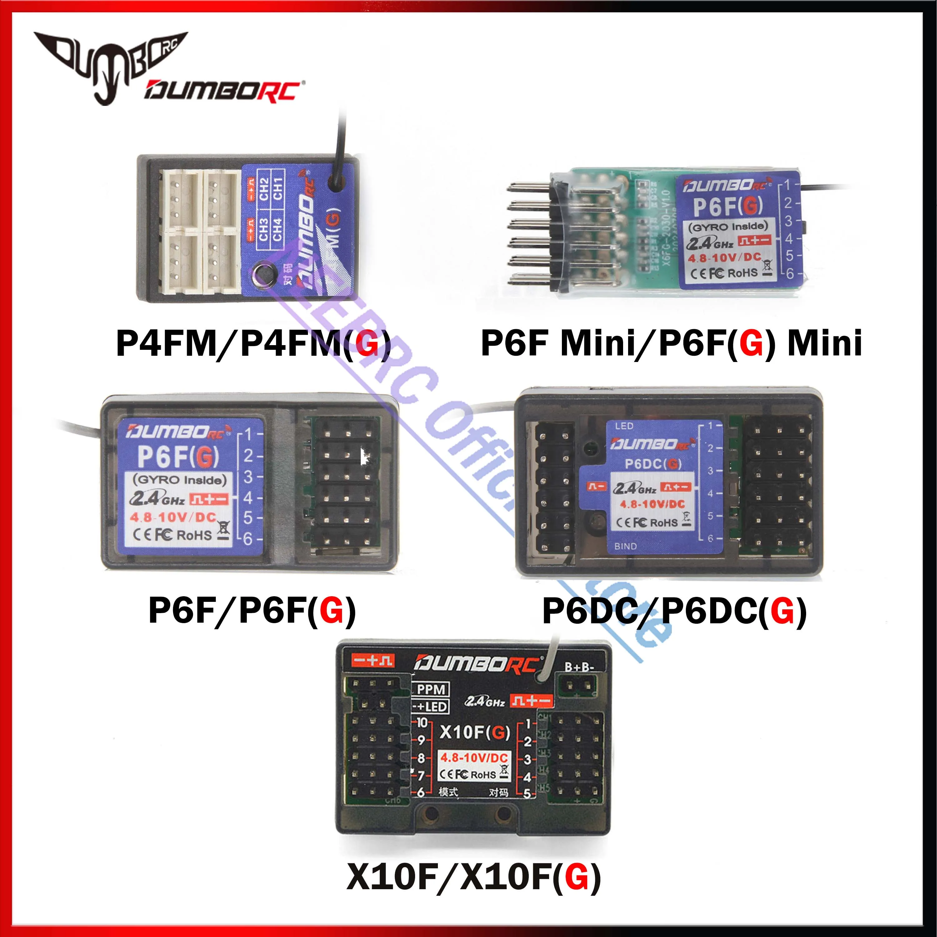 DUMBORC X10FG P6DCG P6FG P6F Mini P4FMG 2.4G 4/6/10CH מקלט ג'ירו עבור משדר X6 X4 שלט רחוק RC Car Boat LED Light
