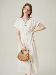 FSLE 8.8% Linen Summer Women Long Thin Single Breasted Dress Temperament V-Neck Raglan Sleeve Loose A-LINE Dress 24FS12360