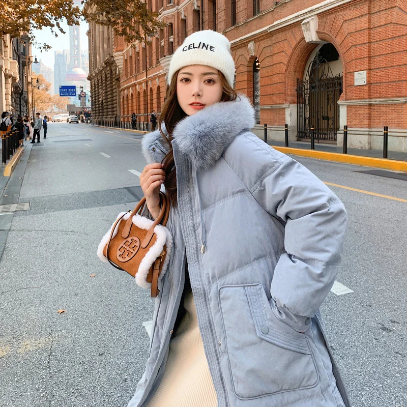 Winter Small Standing Collar Korean Edition Mid length Haze Blue Lace Fur Large Down Collar Coat Women's Trend