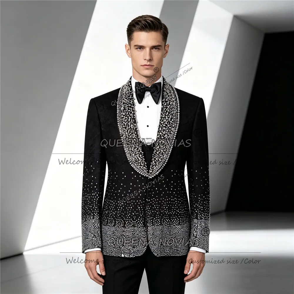 

Эксклюзивный мужской костюм для свадьбы, пиджак с бисером и стразами для жениха, индивидуальный пошив, стильный смокинг для мужчин, наряд для подиума, trajes para hombre